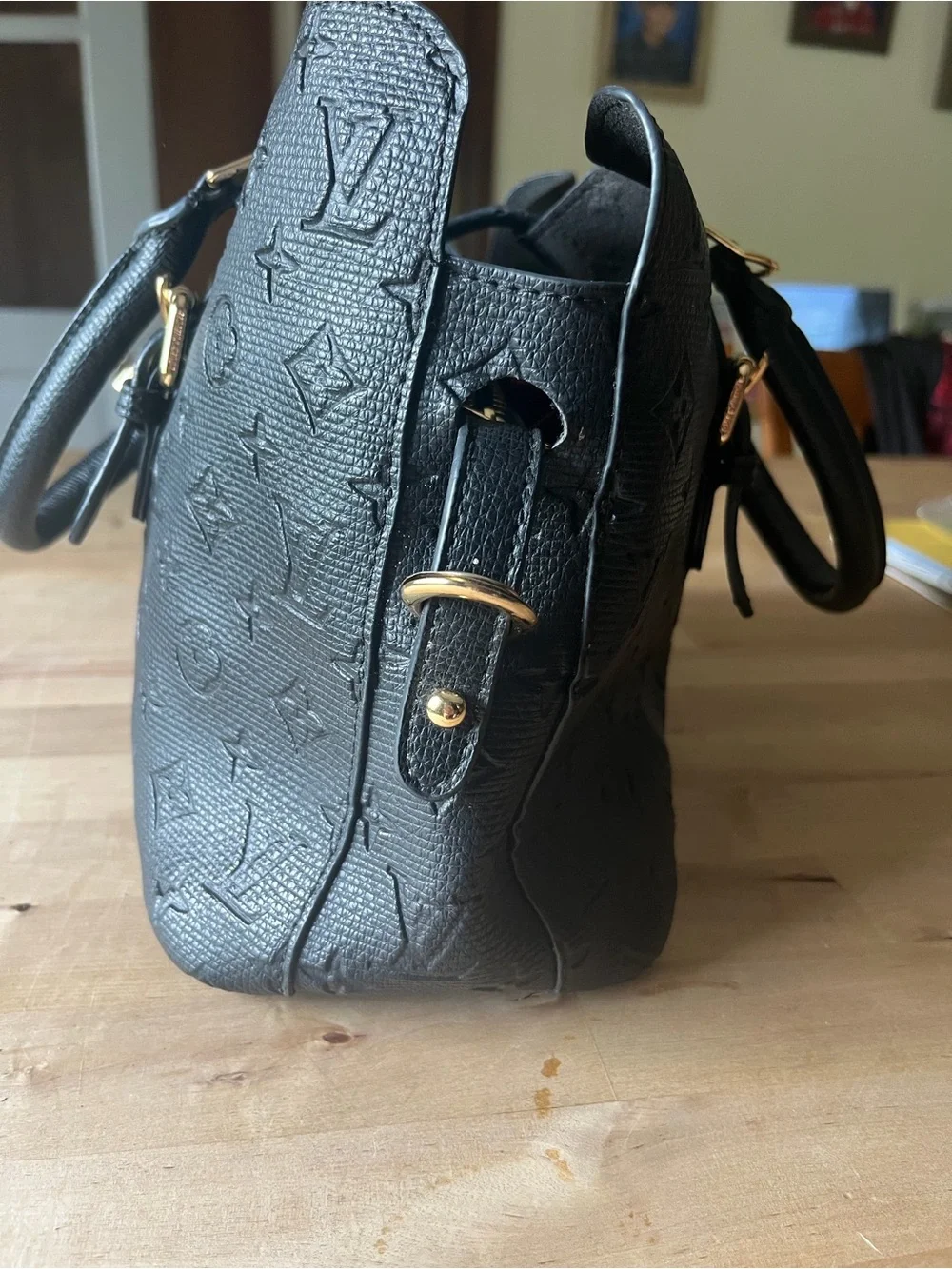 Black Embossed Monogram Tote Bag with Gold Hardware